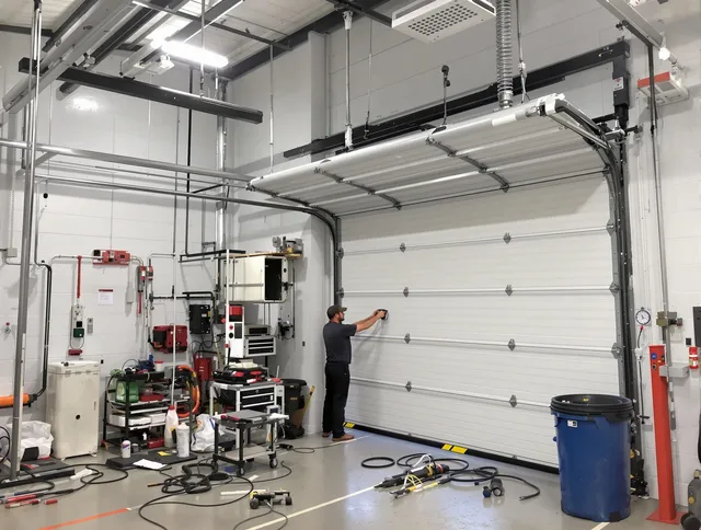 Rocky Hill Garage Door Repair certified technician performing commercial door repair at a Rocky Hill business facility