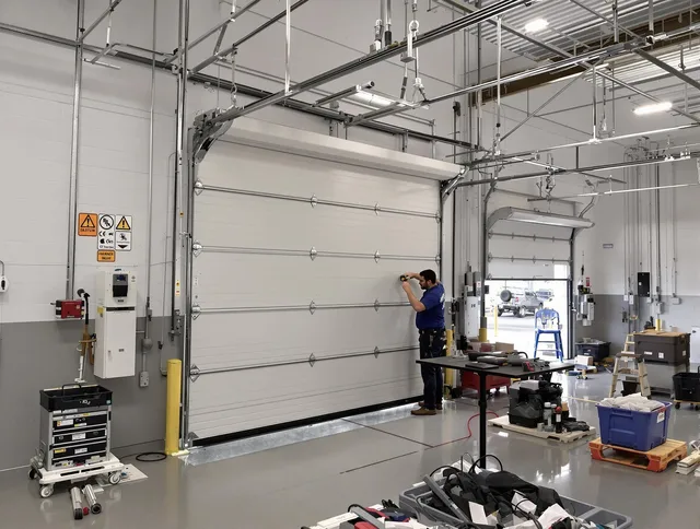 Commercial garage door repair being performed by Rocky Hill Garage Door Repair expert in Rocky Hill
