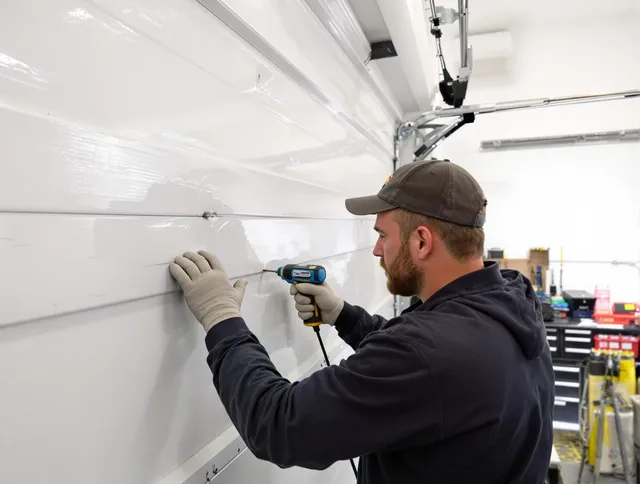 Rocky Hill Garage Door Repair technician demonstrating precision dent removal techniques on a Rocky Hill garage door