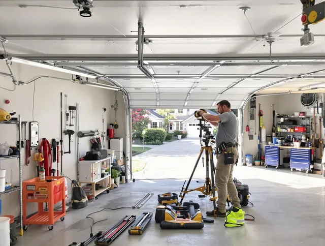 Rocky Hill Garage Door Repair specialist performing laser-guided track alignment in Rocky Hill